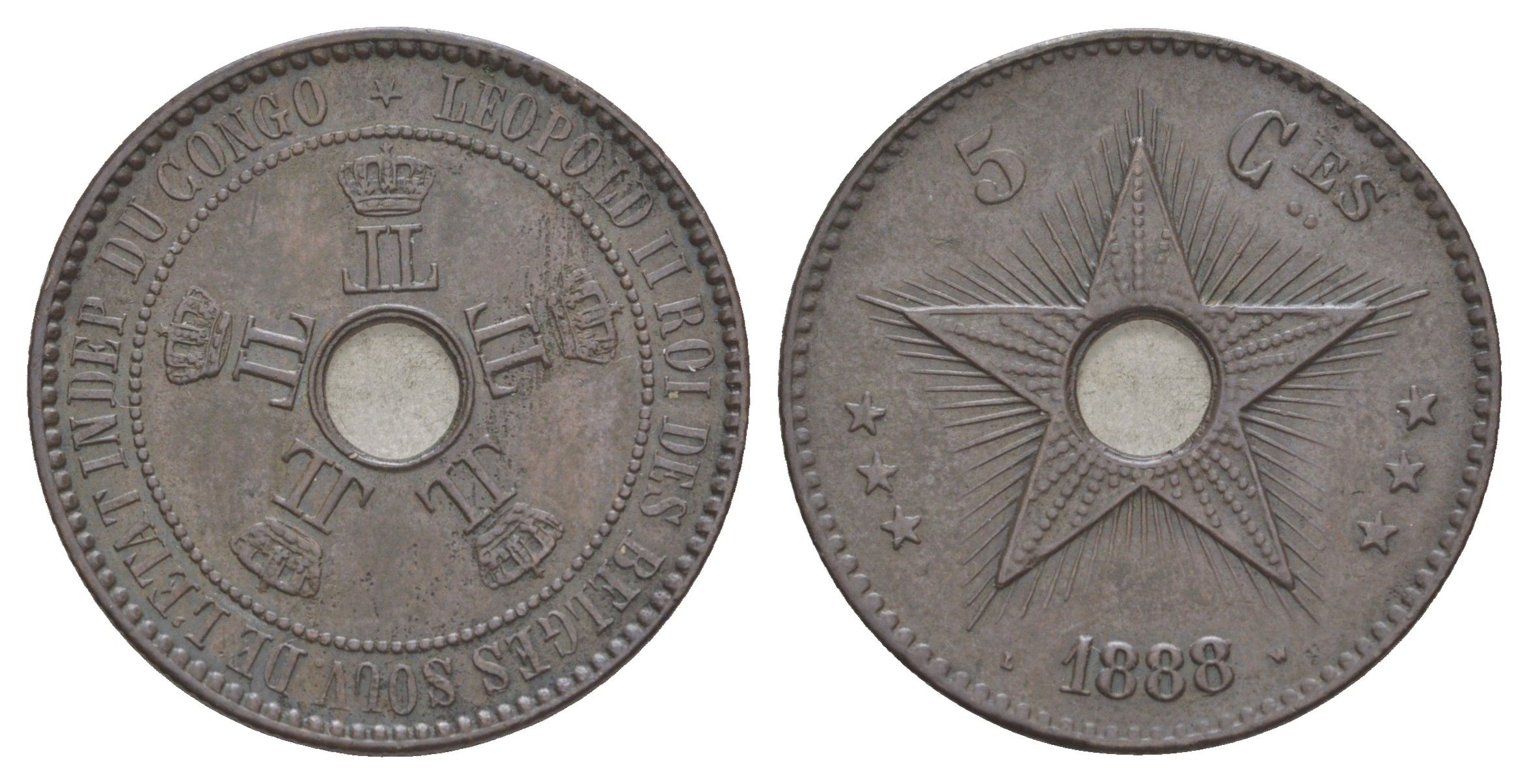 Бельгийское Конго 5 сантимов 1888 Свободное государство Конго, Леопольд II (1865-1909) KM 3 медь 4127-434