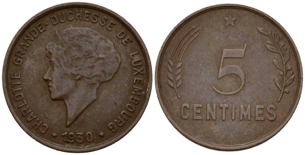 Люксембург 5 сантимов 1930 Шарлотта (1918-1964) KM 40 бронза 4602-417