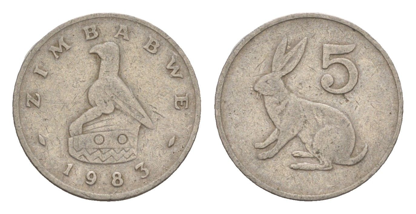 Зимбабве 5 центов 1983 рыжий кролик KM 2 медно-никель 4655-746