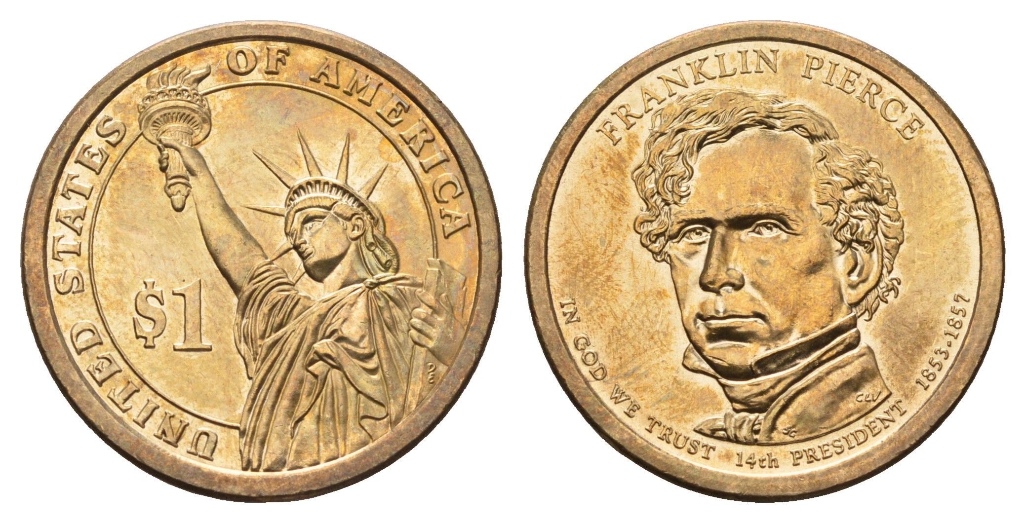 США 1 доллар 2010 D, Президент США - Франклин Пирс (1853-1857) KM 476 медь с марганцево-латунным покрытием UNC 4698-1047