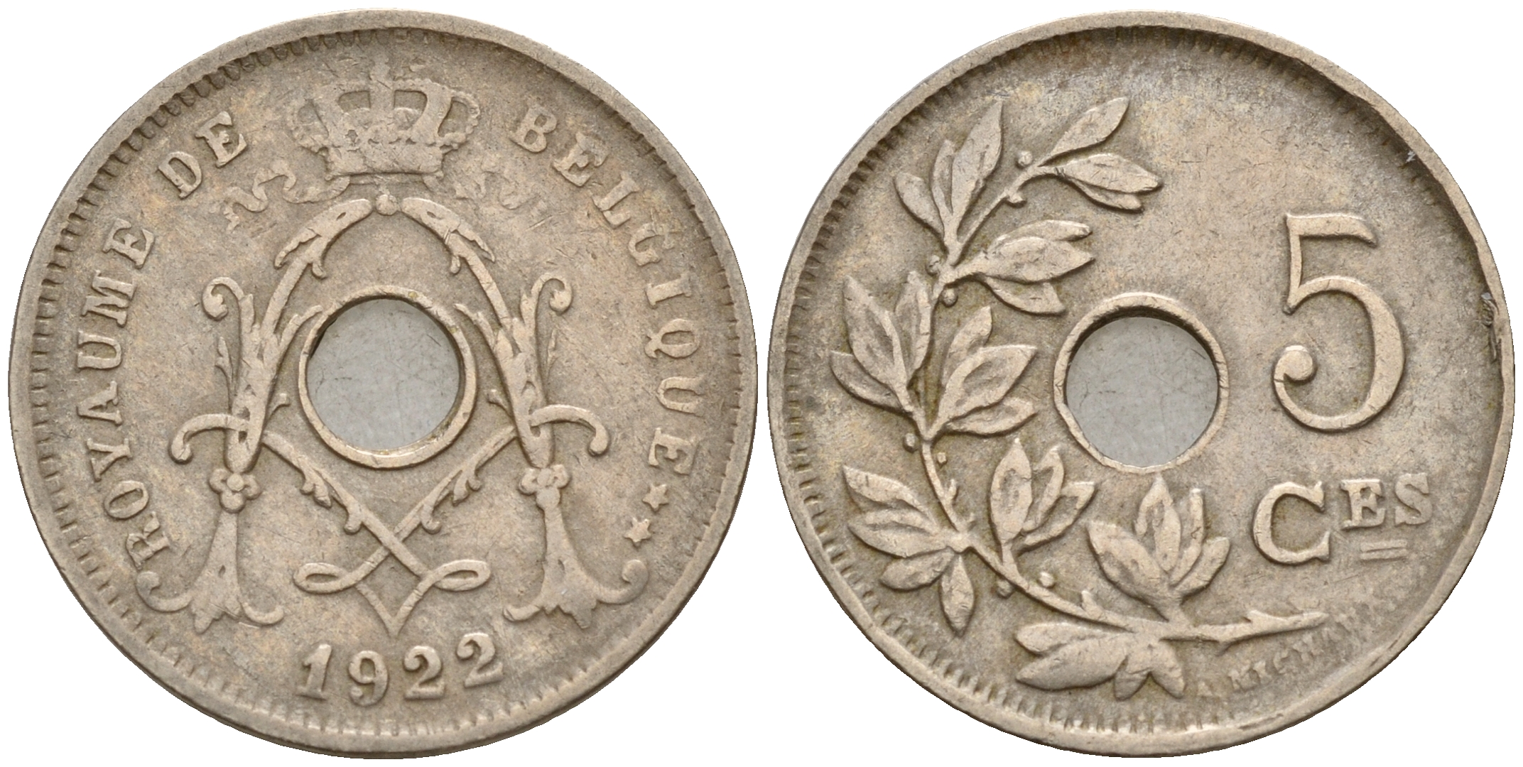 Бельгия 5 сантимов 1922 Belges KM 66 медно-никель    4598-914