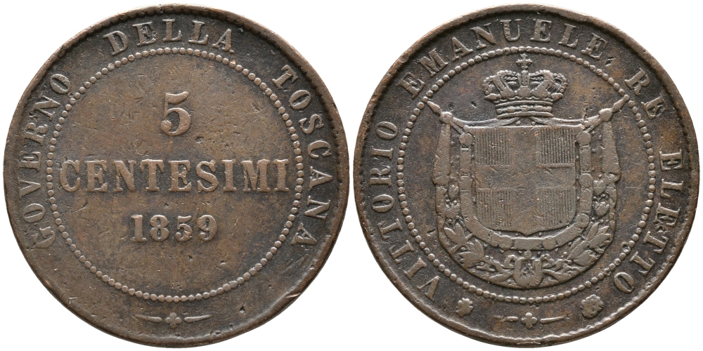 ИТАЛИЯ, ТОСКАНА 5 ЧЕНТЕЗИМО 1859 ВИКТОР ИМАНУИЛ, ВТОРОЙ ПРЕДВАРИТЕЛЬНЫЙ ВЫПУСК KM 83 медь 28-834