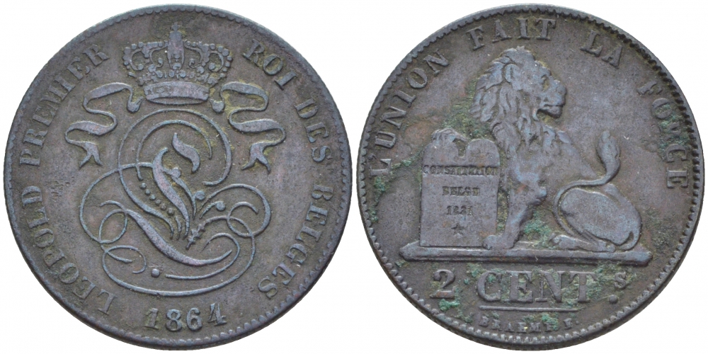 БЕЛЬГИЯ 2 САНТИМА 1864 BELGES KM 4.2 медь 4448-711