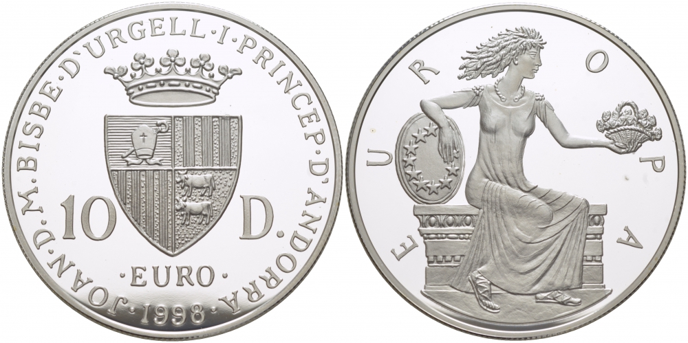 Андорра 10 динеров 1998 греческая принцесса Европа KM 150 серебро PROOF 1068-5-24