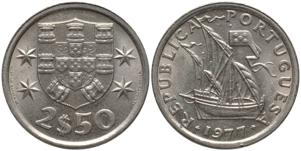 ПОРТУГАЛИЯ 2,5 ЭСКУДО 1977 ПАРУСНИК KM 590 медно-никель UNC 181-336