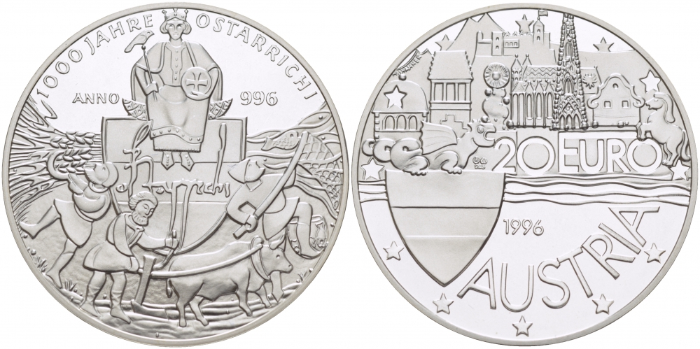 Австрия 20 евро 1996 1000 лет Австрии серебро PROOF 04-315-44