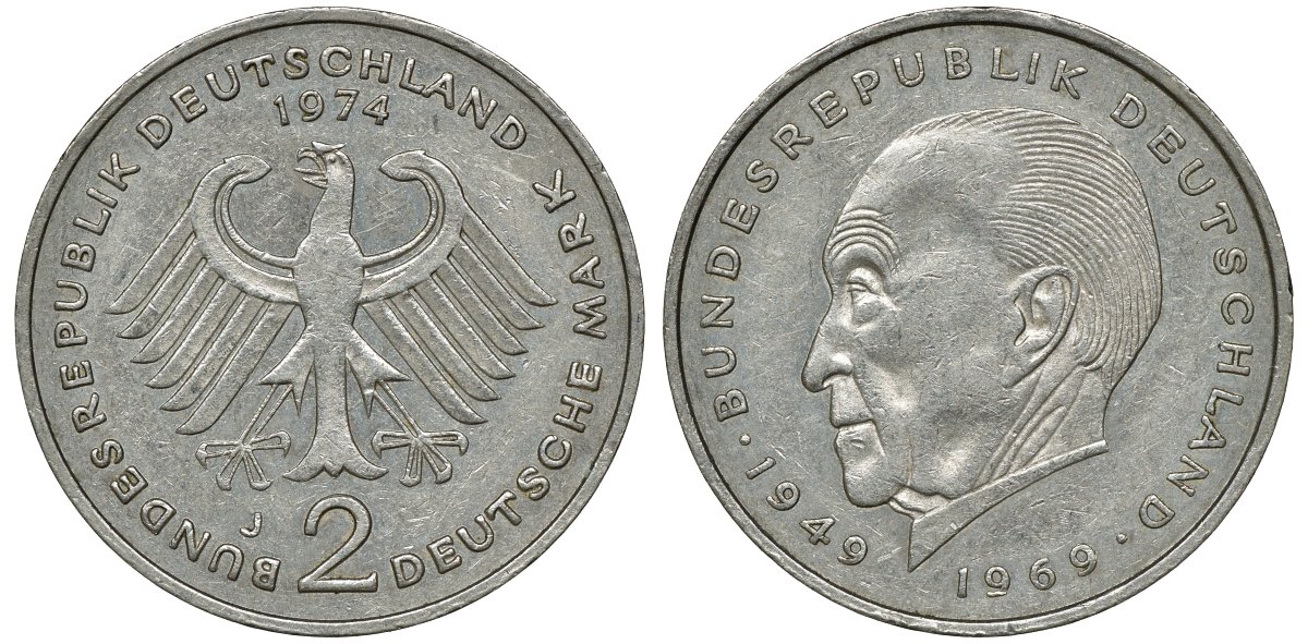 ФРГ 2 МАРКИ 1974 J, КОНРАД АДЕНАУЭР KM 124, J. 406 медно-никель плакированный никелем плакированный никелем UNC 72-455