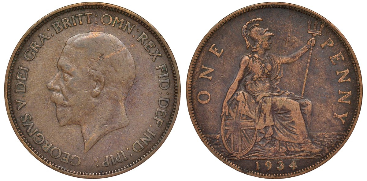 Великобритания 1 пенни 1934 Георг V (1910-1936) KM 838, Spink 4055 бронза 4123-1036