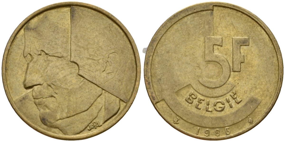 Бельгия 5 франков 1986 Belgie, Бодуэн I (1951-1993) KM 164 алюминиевая бронза 4601-243