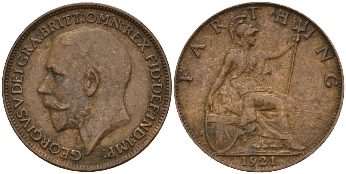 Великобритания 1 фартинг 1921 Георг V (1910-1936), светлая отделка KM 808.2, Spink 4060 бронза 4158-519