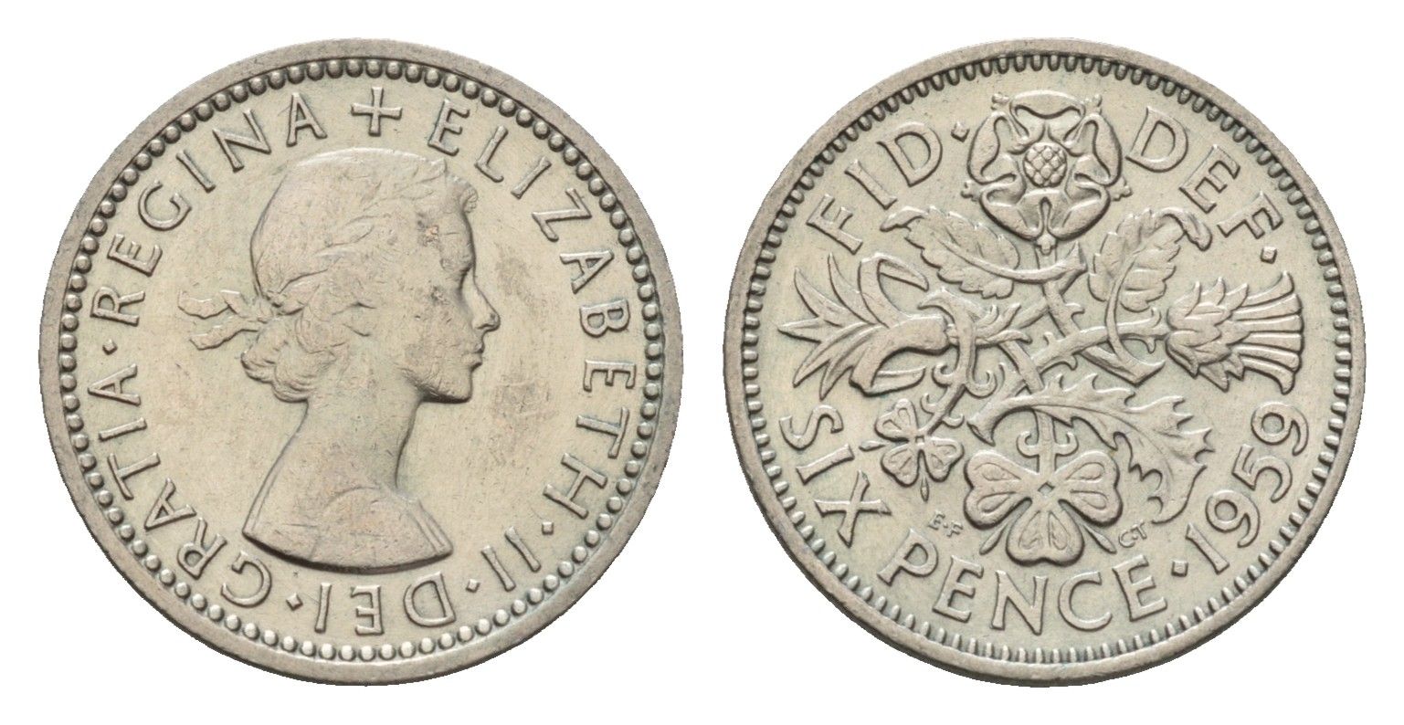 Великобритания 6 пенсов 1959 Елизавета II (1952-2022) KM 903, Spink 4149 медно-никель 4651-1158