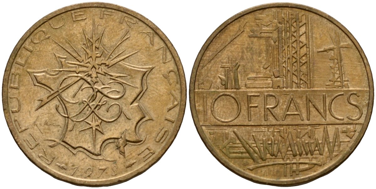 Франция 10 франков 1978 тип Матье KM 940, Le Franc 365.11-12 никель латунь 4601-415