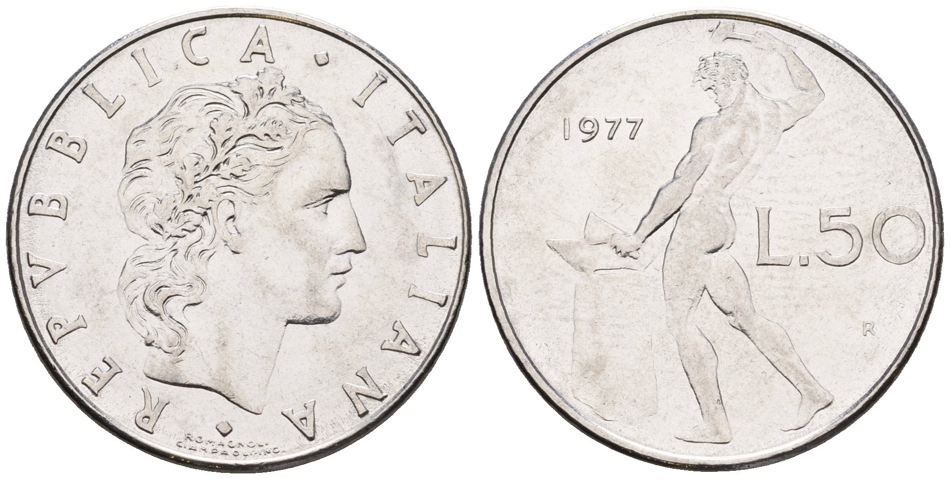 Италия 50 лир 1977 R, бог огня Вулкан у наковальни KM 95.1 нержавеющая сталь 259-135