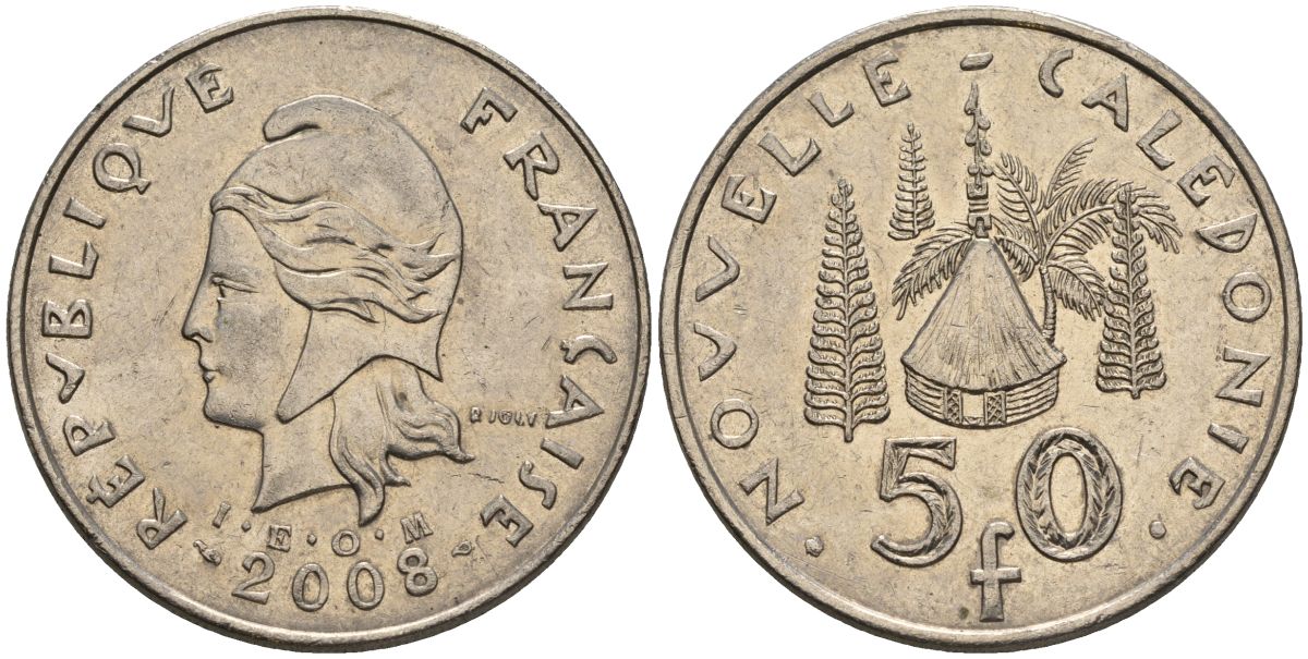 Французская Новая Каледония 50 франков 2008 хижина среди сосен и пальм, (IEOM) KM 13a, Schoen 15a, Lec 128i медно-никель 4111-441