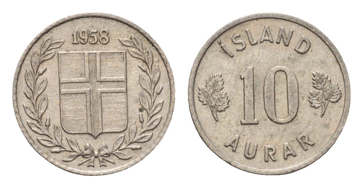 Исландия 10 эйре 1958 KM 10 медно-никель aUNC 4690-659