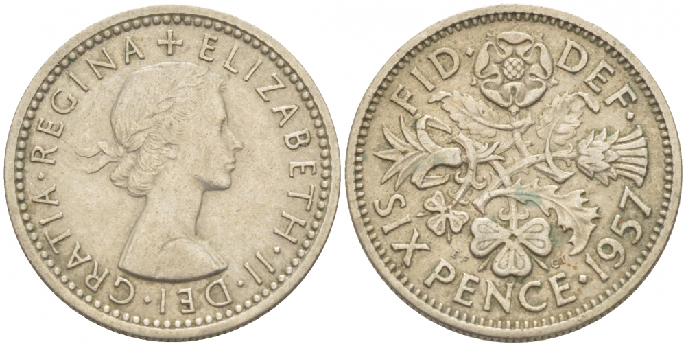 Великобритания 6 пенсов 1957 Елизавета II (1952-2022) KM 903, Spink 4149 медно-никель 214-1063