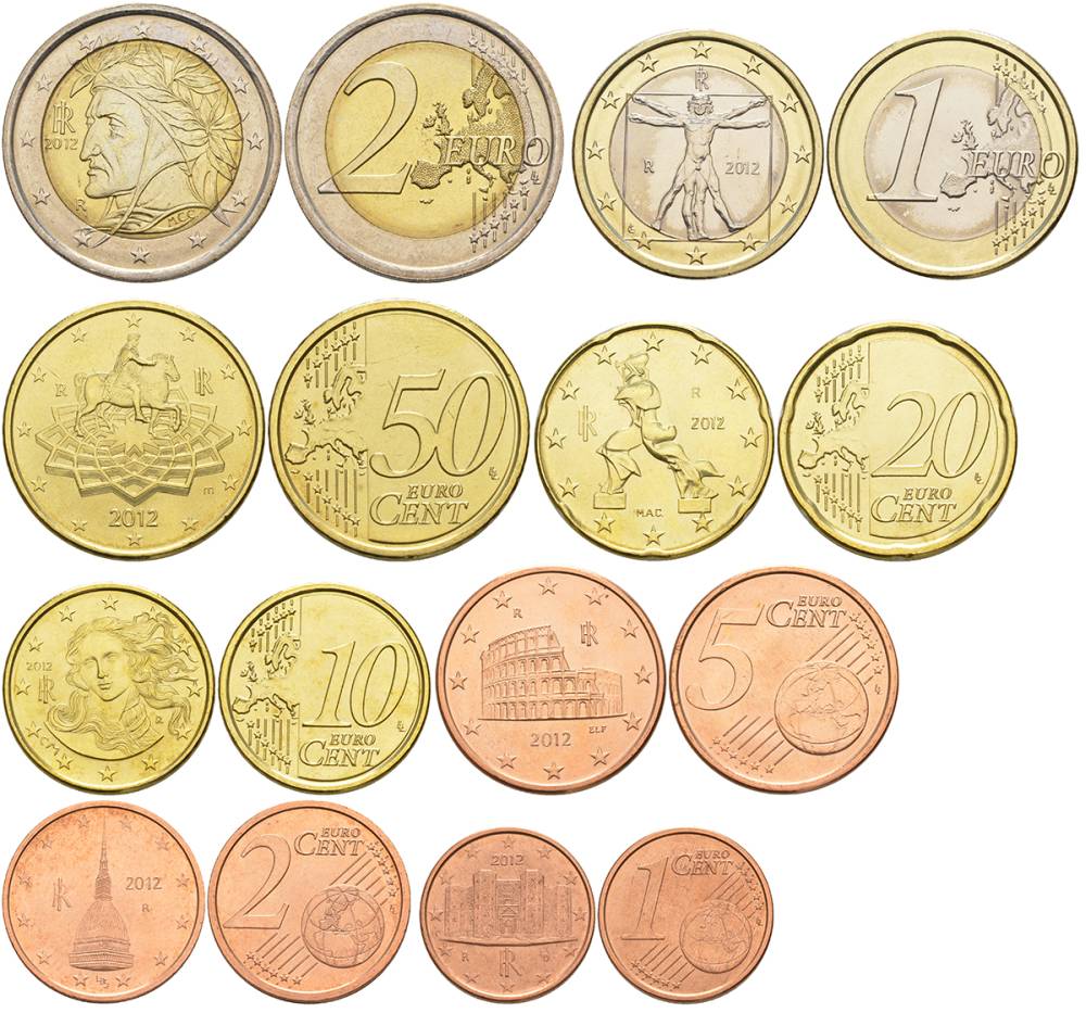 Италия евронабор из 8 монет 2012 1, 2, 5, 10, 20, 50 евроцентов, 1 и 2 евро KM 210, 211, 212, 247, 248, 249, 250, 251 UNC 181-1241