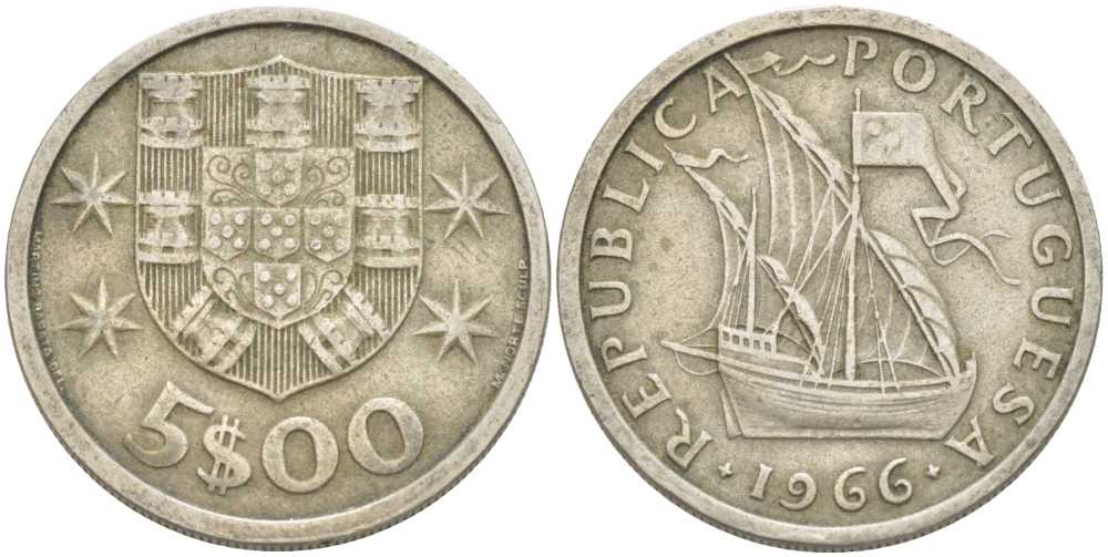 Португалия 5 эскудо 1966 парусник KM 591 медно-никель 213-251
