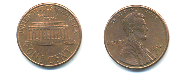 США 1 цент 1993 D, Авраам Линкольн KM 201b цинк плакированный медью 86-268