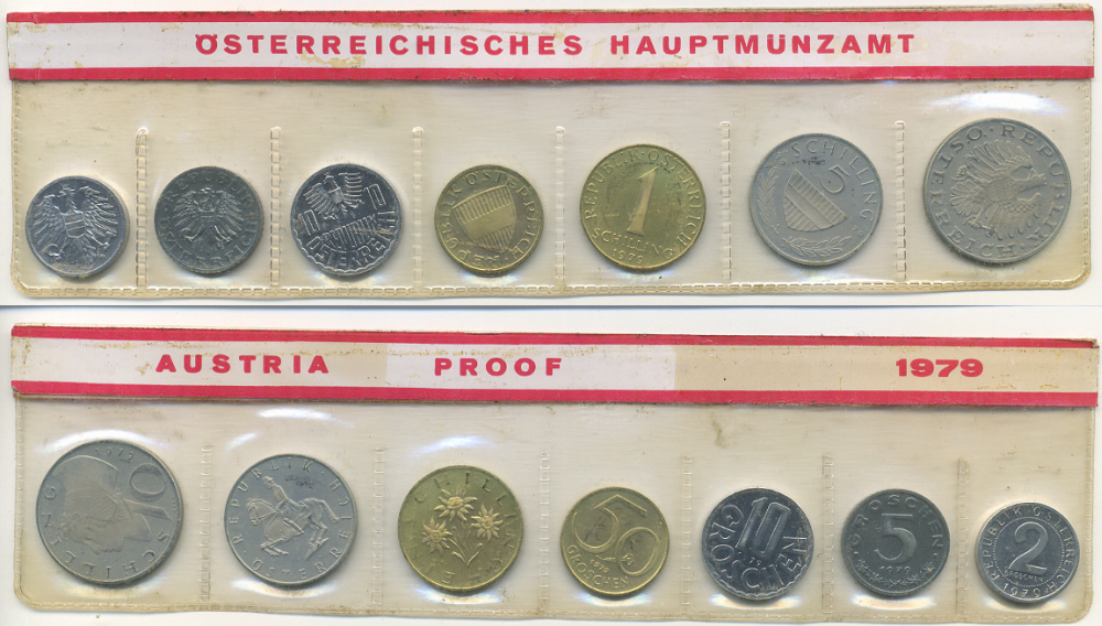 Австрия набор из 7 монет  1979  2, 5, 10, 50 грошей, 1, 5, 10 шиллингов, в целлофане KM PS 39 PROOF 4400-5-2