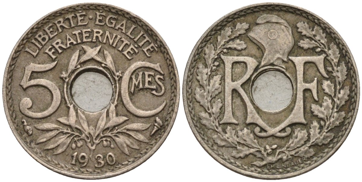 Франция 5 сантимов 1930 KM 875 медно-никель 4596-615