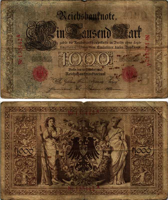 ГЕРМАНИЯ 1000 МАРОК 1903 10 ОКТЯБРЯ 1903, КРАСНЫЙ ШЕСТИЗНАЧНЫЙ НОМЕР Pick 23 бумага 6278-47-2