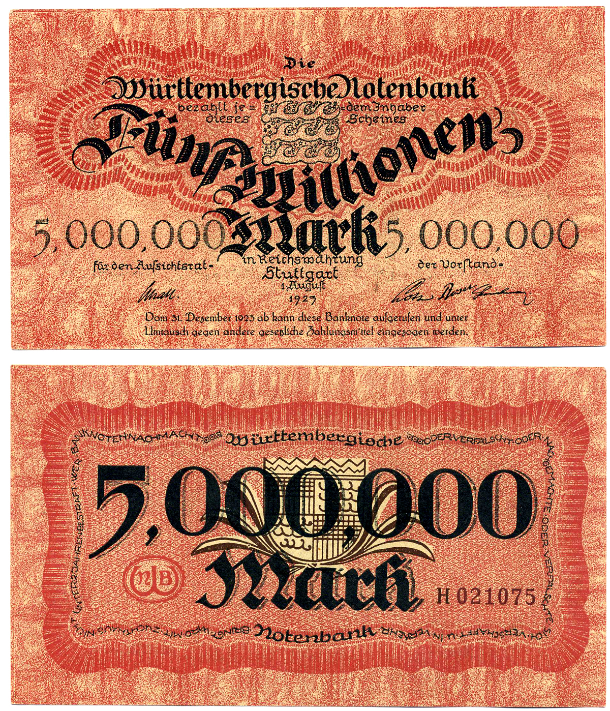 ШТУТГАРТ 5000000 МАРОК (5 МИЛЛИОНОВ) 1923 1 АВГУСТА 1923, НОТГЕЛЬД, WURTEMBERGISCHE NOTENBANC, БЕЗ ПЕРЕГИБОВ, СЕРИЯ Н, ЗЕМЛЯ БАДЕН-ВЮРТЕМБЕРГ Keller 4930е бумага 2193-9-2-2
