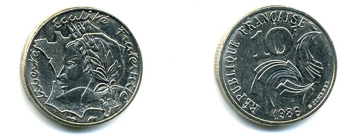 ФРАНЦИЯ 10 ФРАНКОВ 1986 РЕСПУБЛИКА KM 959 никель 45-1054