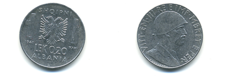 Албания 0,20 лека 1941 R, Итальянская оккупация KM 29 нержавеющая сталь 89-1552