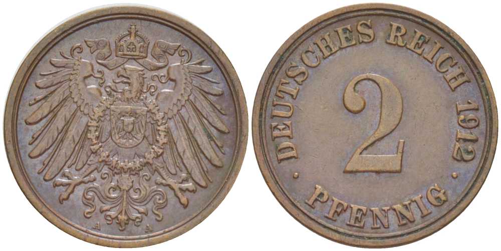 Германия 2 пфеннига 1912 A KM 16, J. 11, Weege 4 медь 206-622