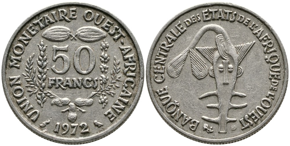 ВАЛЮТНЫЙ СОЮЗ СТРАН ЗАПАДНОЙ АФРИКИ 50 ФРАНКОВ 1972 FAO, ФЕДЕРАЦИЯ KM 6 медно-никель 4538-256