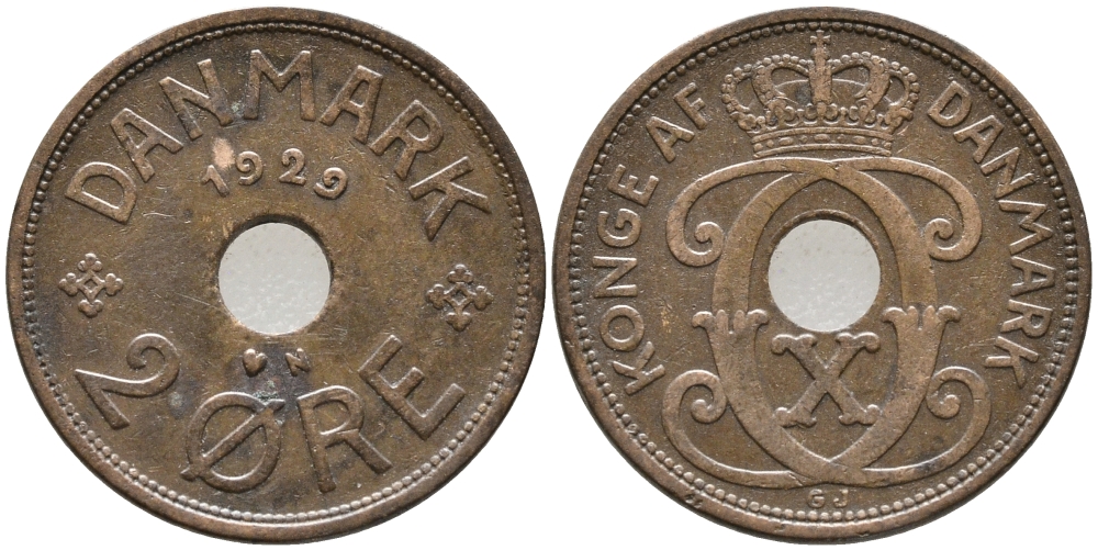 ДАНИЯ 2 ЭРЕ 1929 N; GJ, КРИСТИАН X (1912-1947) KM 827.2 бронза 28-1025