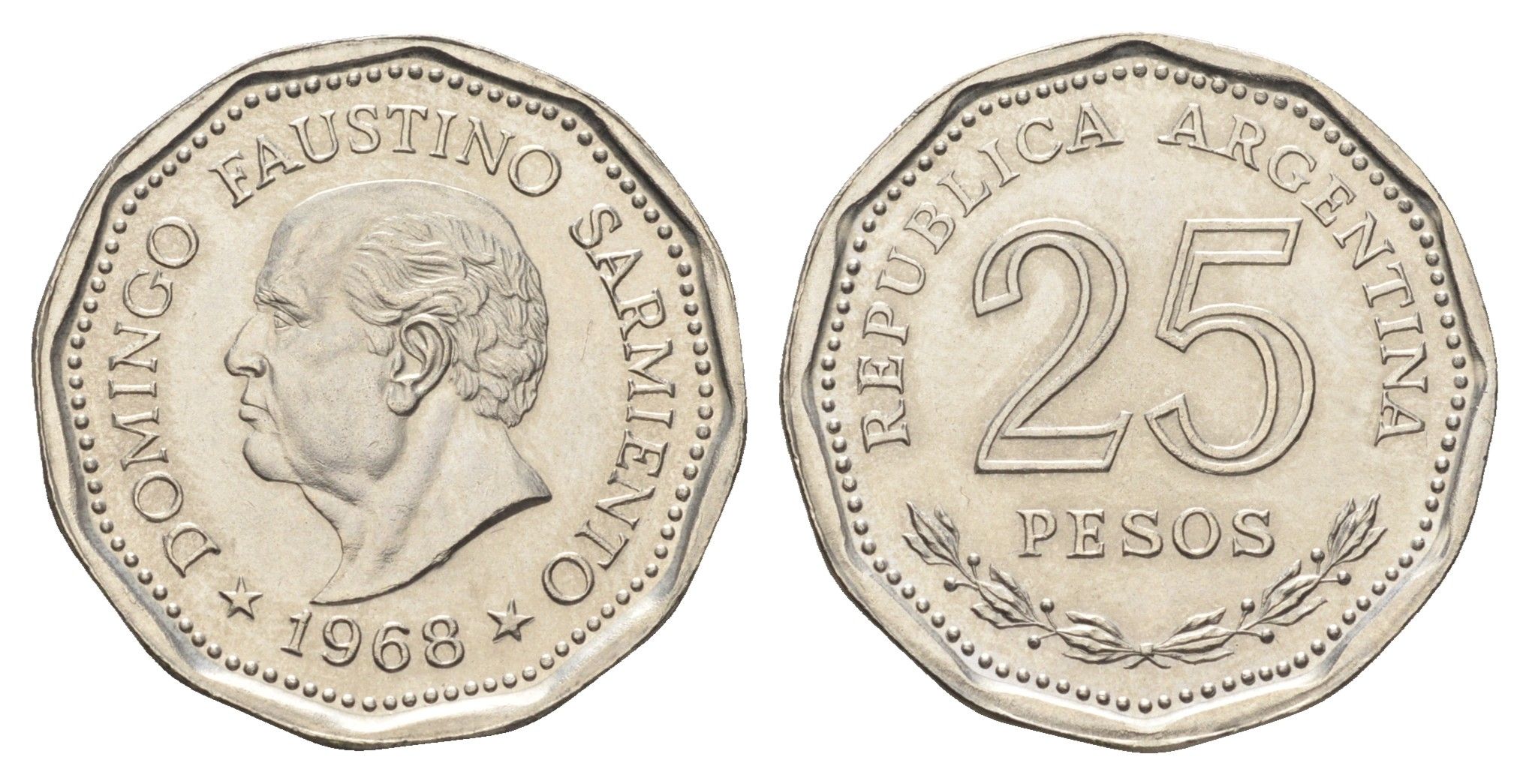 Аргентина 25 песо 1968 80 лет со дня смерти Доминго Фаустино Сармиенто KM 63 сталь плакированная никелем UNC 4662-645