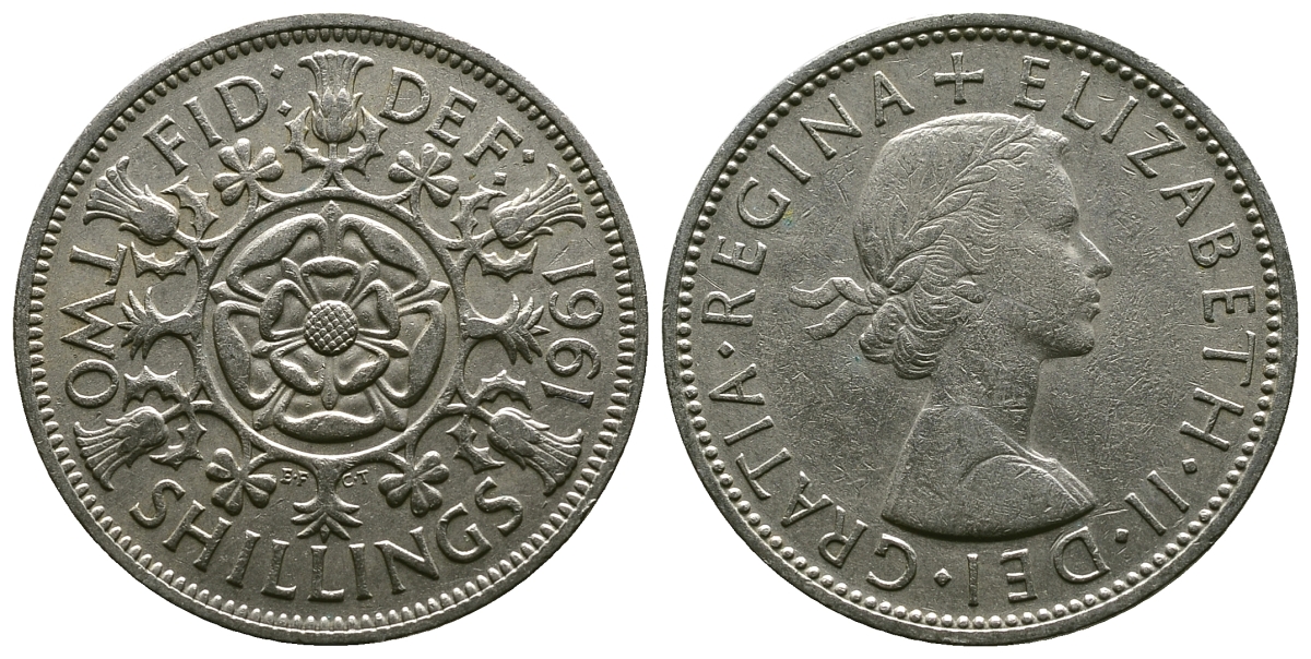 Великобритания 2 шиллинга (флорин) 1961 Елизавета II (1952-2022) KM 906, Spink 4146 медно-никель 4382-312