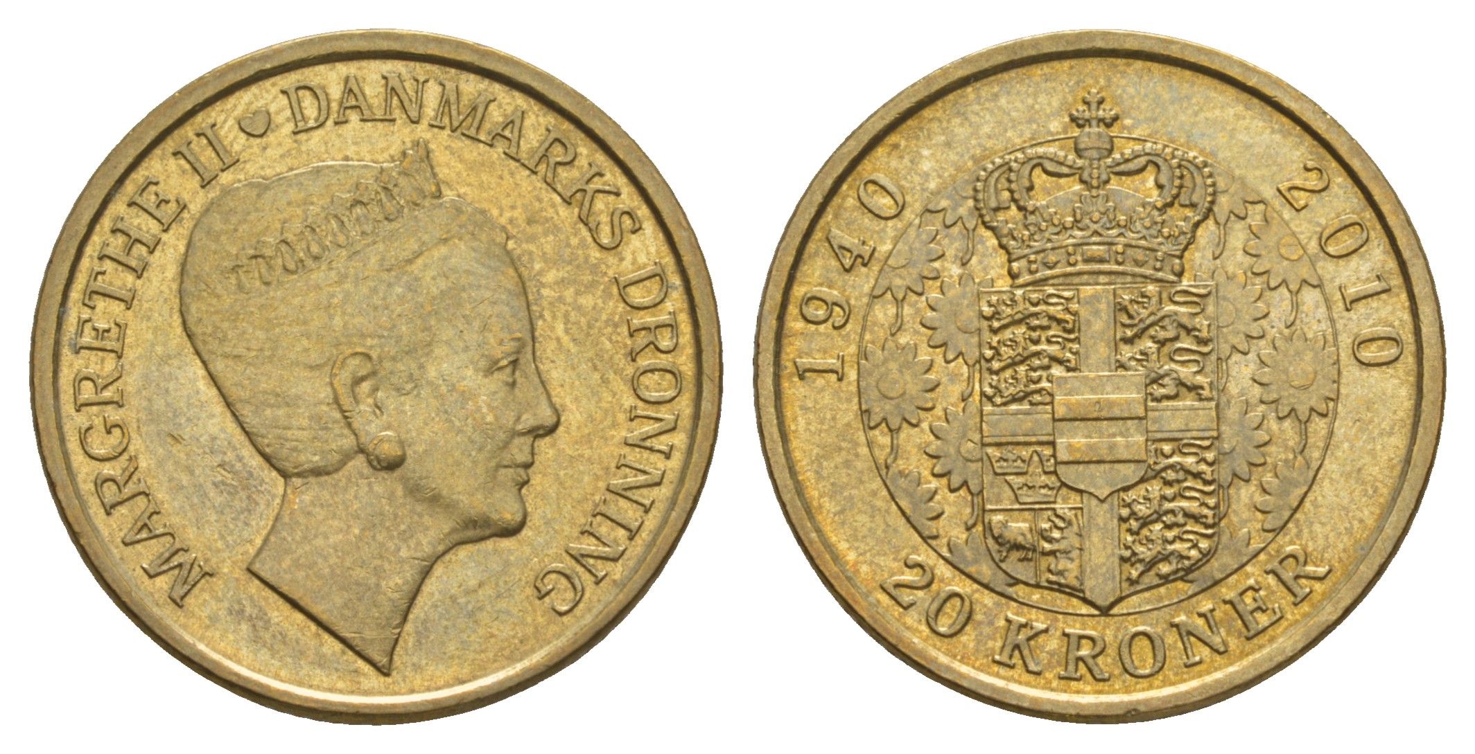 Дания 20 крон 2010 70 лет со дня рождения королевы Маргрете II KM 937 алюминиевая бронза UNC 4650-414