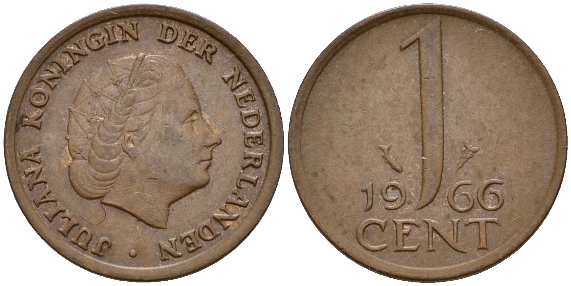 Нидерланды 1 цент 1966 Юлиана (1949-1980) large data KM 180 бронза    4598-244