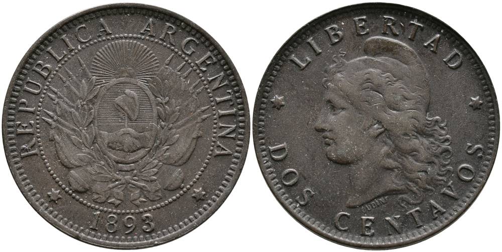 Аргентина 2 сентаво 1893 голова свободы влево KM 8 бронза 4531-1141
