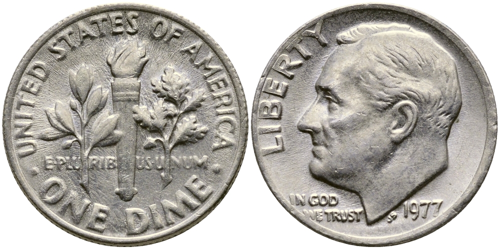 США 10 ЦЕНТОВ = 1 ДАЙМ 1977 РУЗВЕЛЬТ KM 195а медь плакированная медно-никелем 54-321