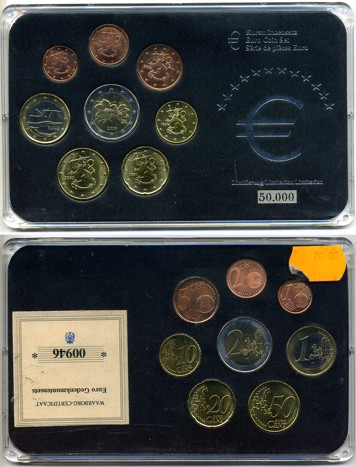 Финляндия евронабор из 8 монет 1999-2005 1 евроцент - 2 евро, в пластике запайка, сертификат UNC 1-6-4-56