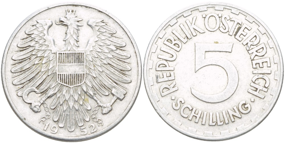 АВСТРИЯ 5 ШИЛЛИНГОВ 1952 KM 2879 алюминий 4531-813
