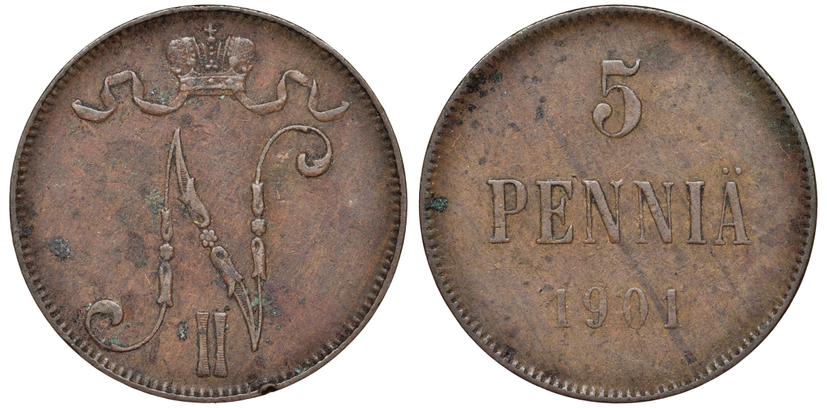 Россия для Финляндии 5 пенни 1901 Биткин 445 медь 51-1225