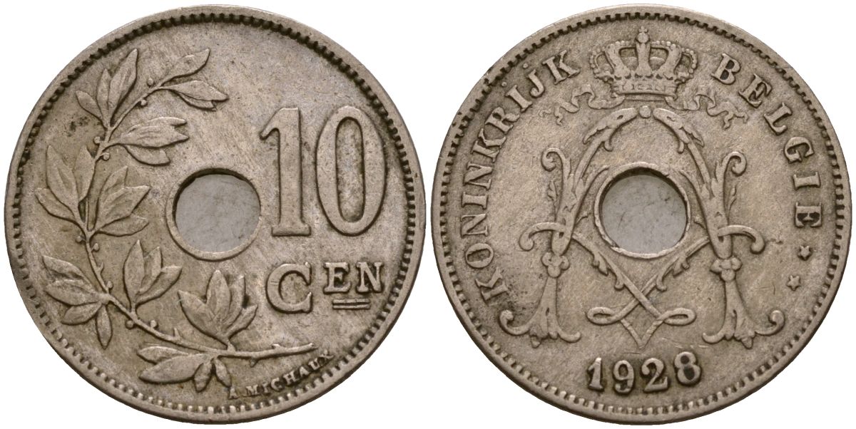 Бельгия 10 сантимов 1928 Король Альберт I (1910 - 1934) KM 86 медно-никель 190-233