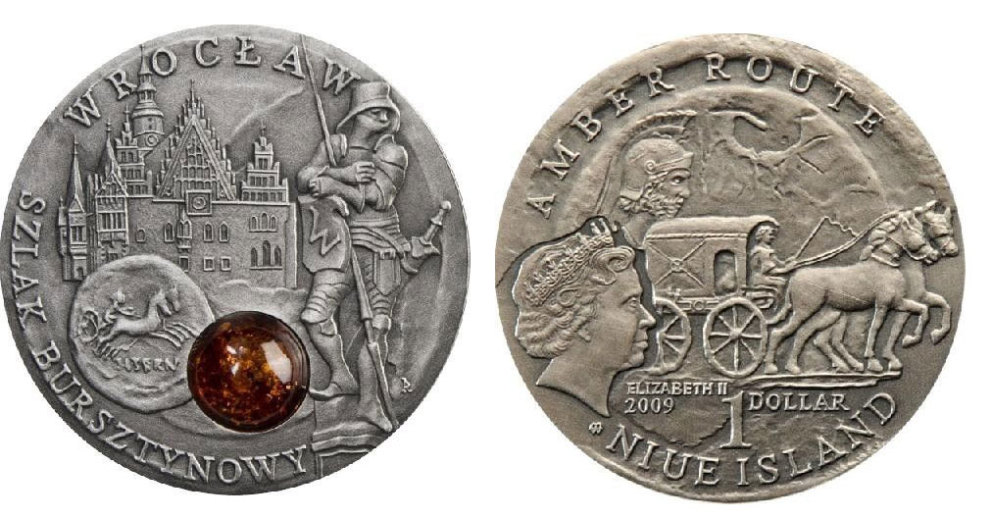 Ниуэ 1 доллар 2009 Вроцлав, монета с янтарем KM NEW серебро UNC 1074-2-33
