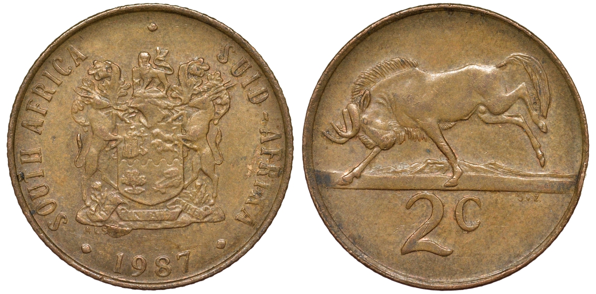 ЮАР 2 цента 1987 герб, антилопа гну KM 83 бронза 4163-1016