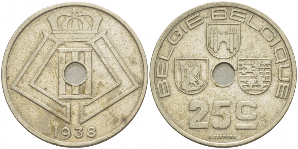 БЕЛЬГИЯ 25 САНТИМОВ 1938 BELGIE-BELGIQUE, ГЕРМАНСКАЯ ОККУПАЦИЯ, ВТОРАЯ МИРОВАЯ ВОЙНА KM 115.1 никель латунь 4529-1127