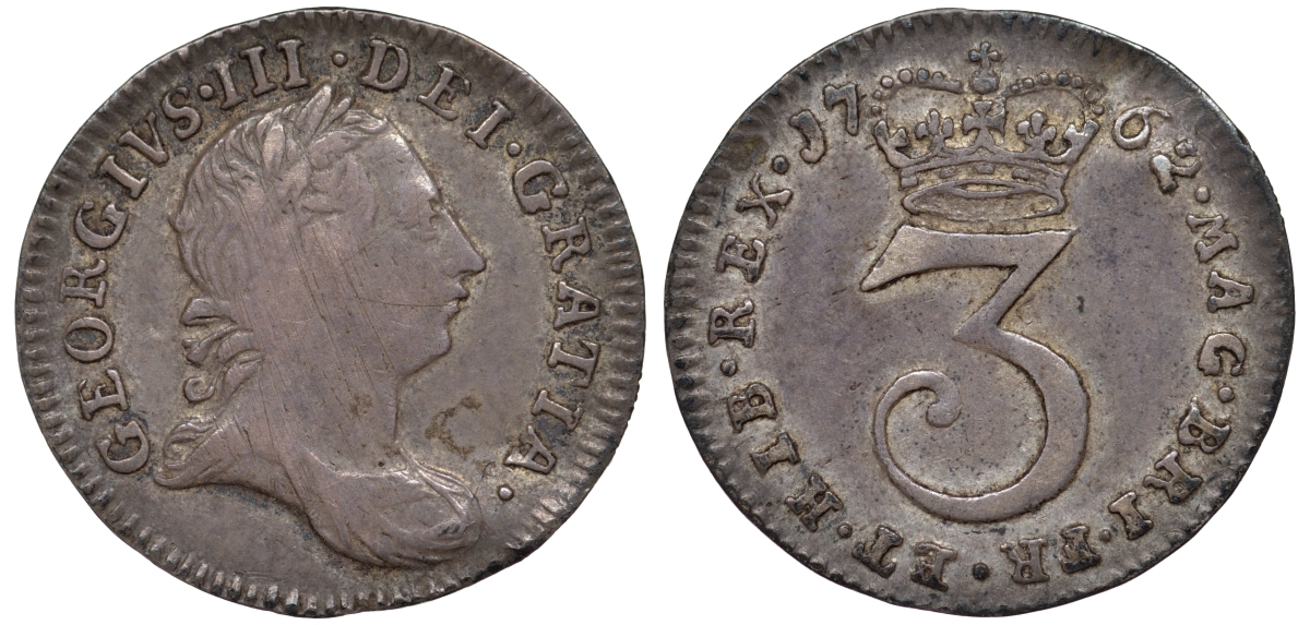 Великобритания 3 пенса 1762 Георг III (1760-1820) KM 591, Spink 3753 серебро 00-822-40