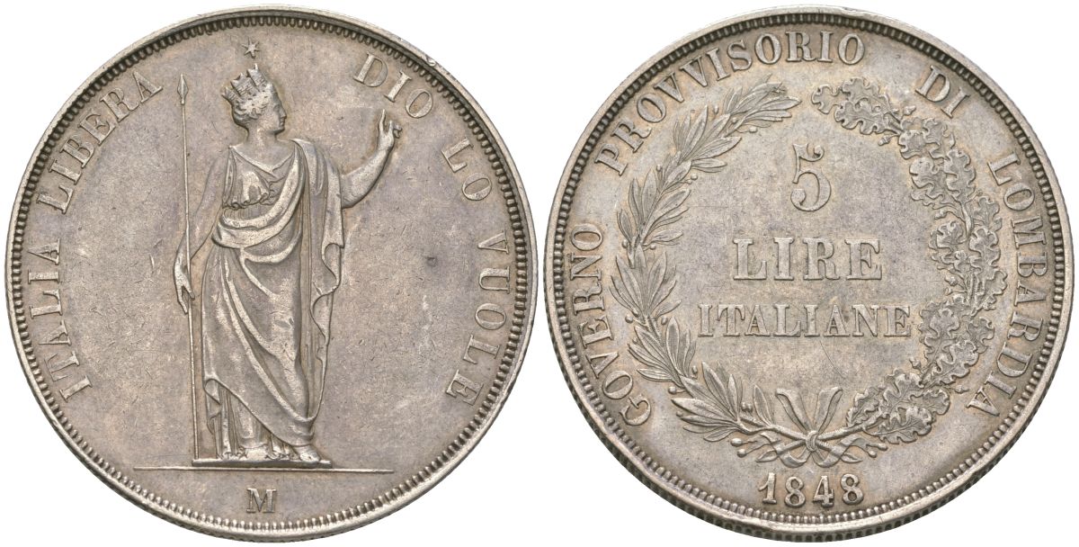Ломбардия-Венеция 5 лир 1848  KM 22 серебро    00-902-19
