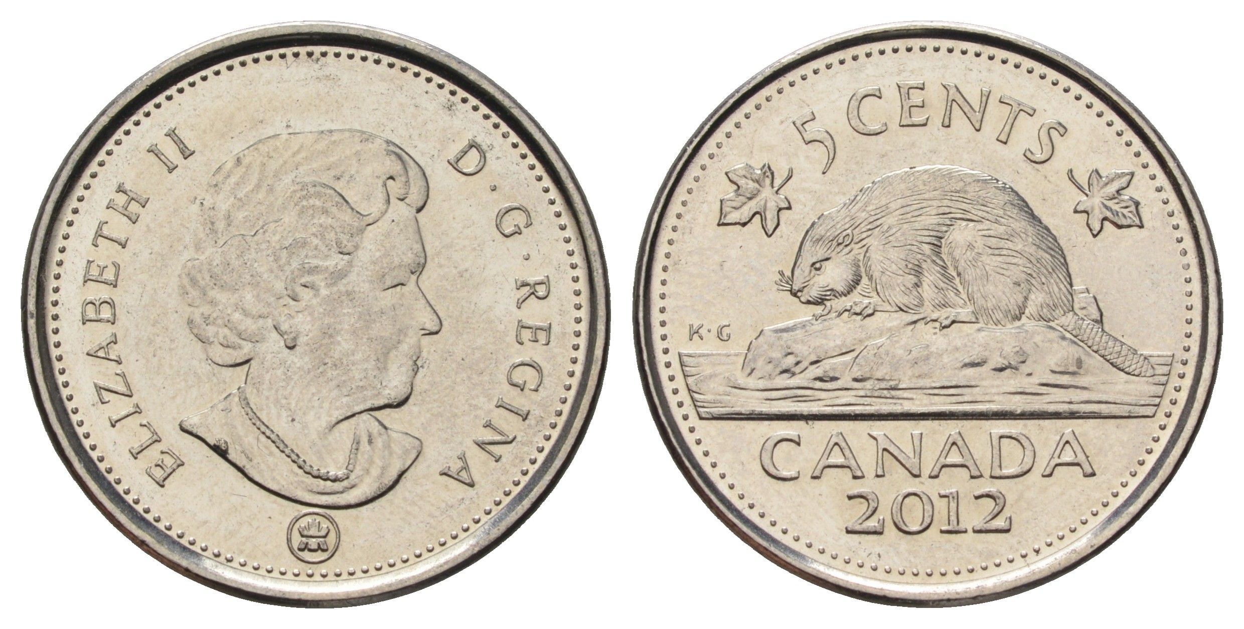 Канада 5 центов 2012 Leaf, Елизавета II (1952-2022), бобр KM 491 сталь плакированная никелем 4689-529