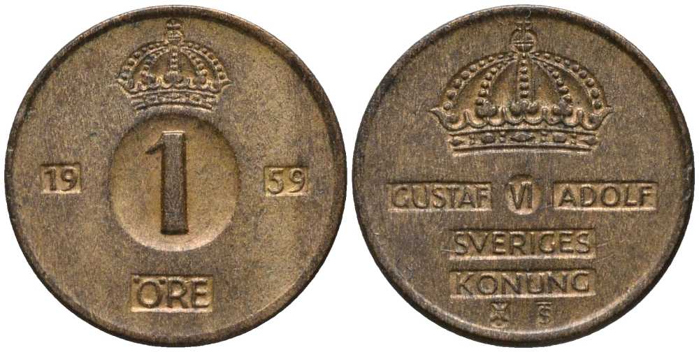 Швеция 1 эре 1959 TS, Густав VI Адольф (1950-1973) KM 820 бронза 201-1147