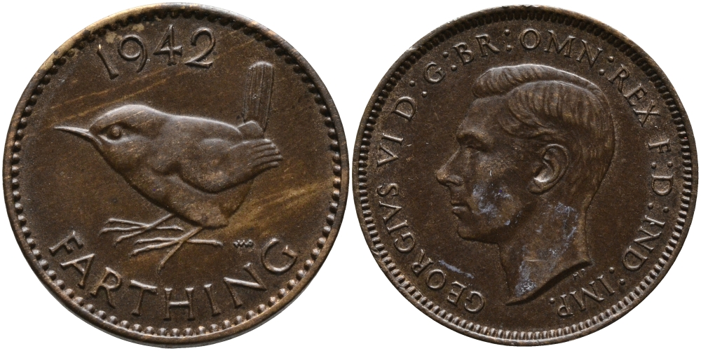 Великобритания 1 фартинг 1942 Георг VI (1936-1952) KM 843, Spink 4116 бронза 4392-451